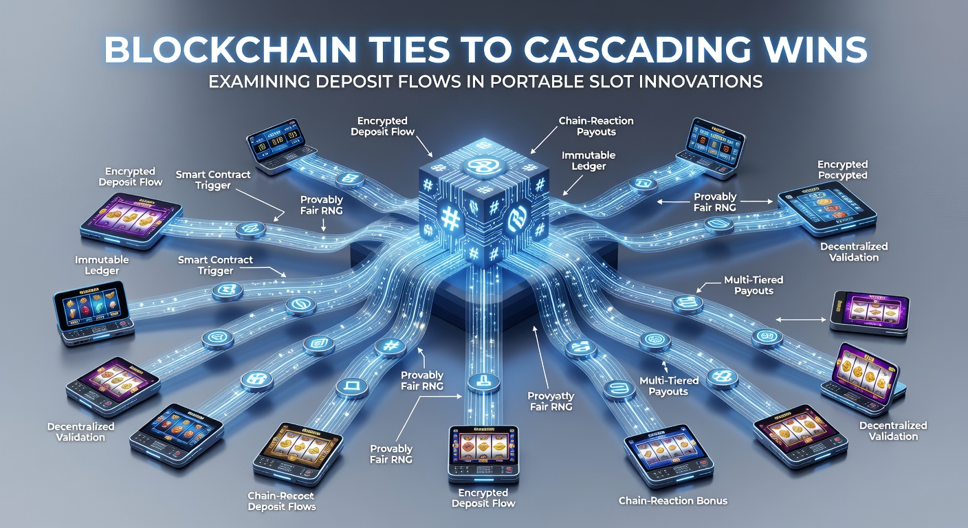 Mobile device displaying cascading slot reels with blockchain transaction overlay and deposit flow indicators