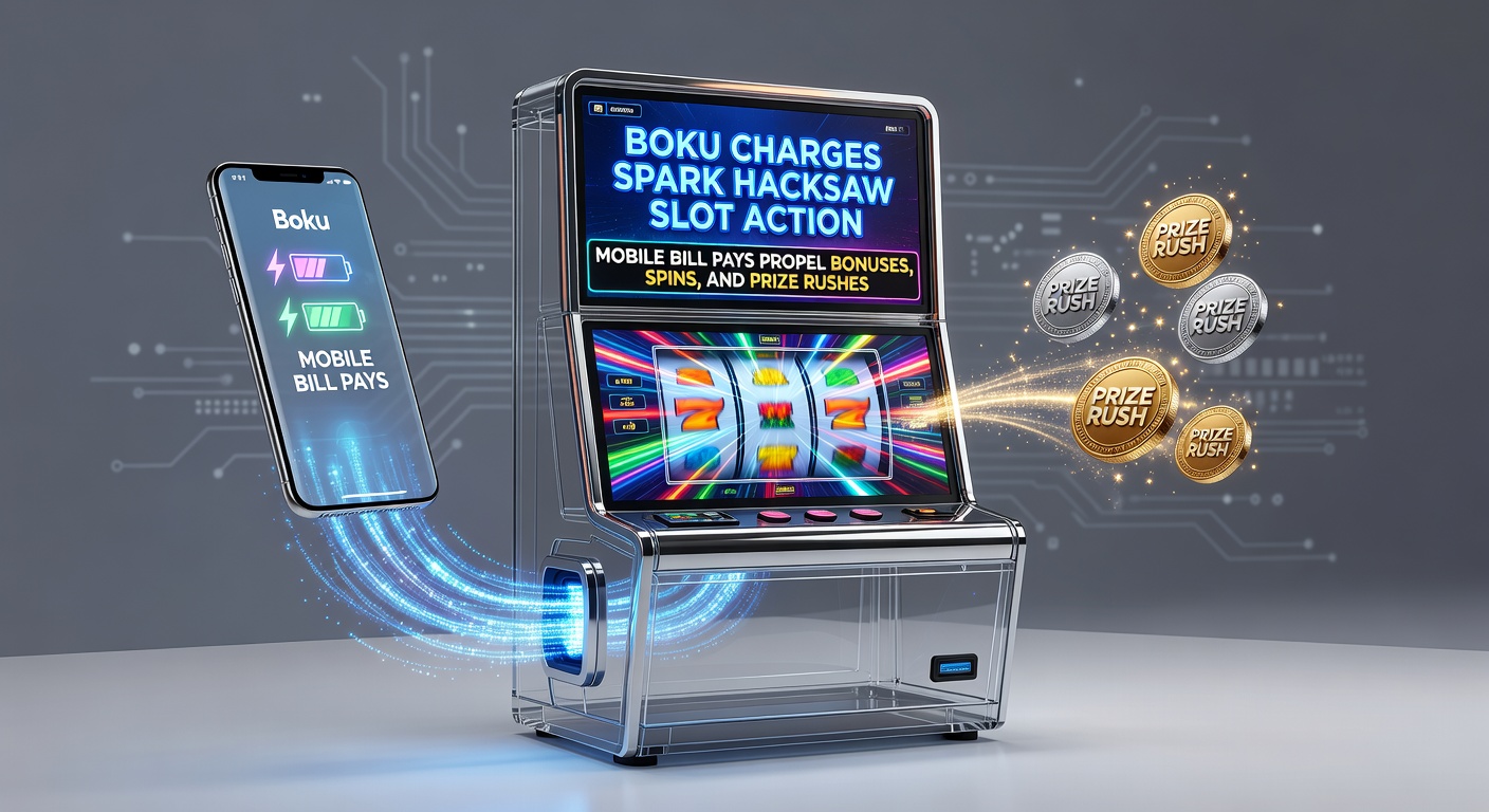 Vibrant illustration of a mobile phone screen displaying Hacksaw Gaming slots with Boku payment icons exploding into bonus symbols and spinning reels