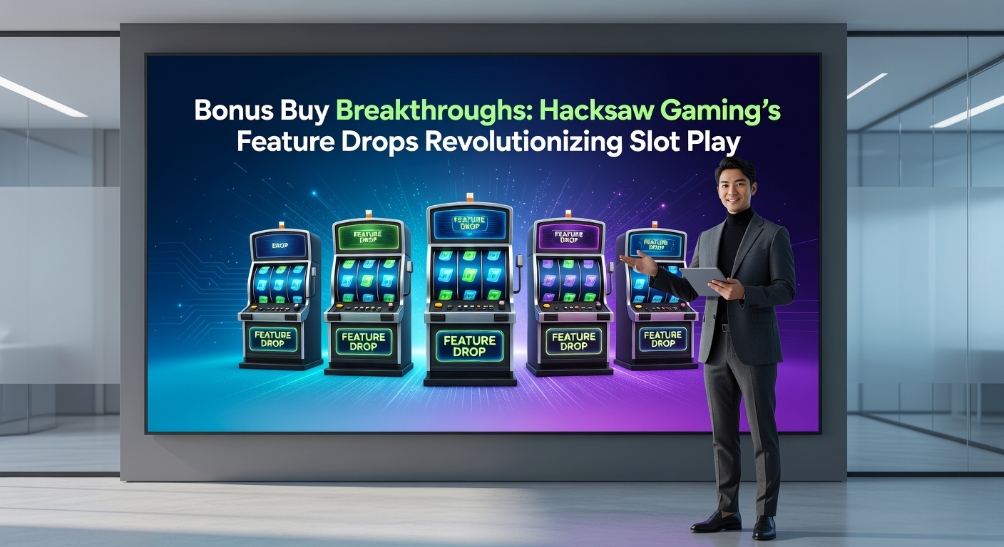 Dynamic screenshot of a Hacksaw Gaming slot bonus buy menu with feature drop options and exploding win animations