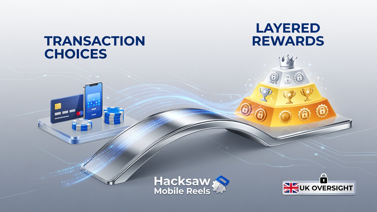Mobile screen displaying layered rewards and transaction bridges in Hacksaw slot gameplay