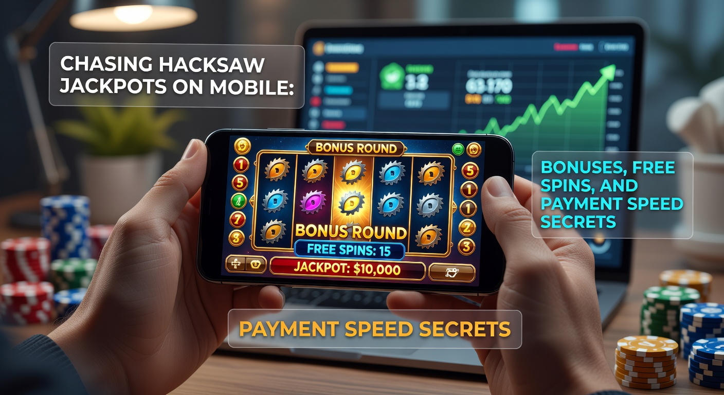 Close-up of a smartphone hand holding a Hacksaw slot app showing instant withdrawal confirmation and jackpot ticker