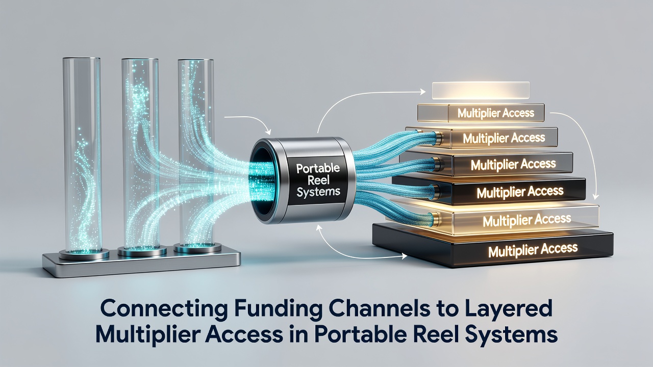 Portable reel system interface showing connected funding channels and layered multiplier indicators on a mobile device