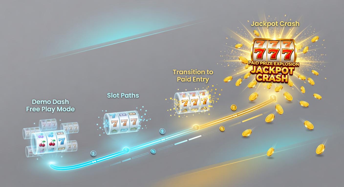 Player interface showing demo slot screen morphing into a real-money jackpot hit, with coins cascading and payout notifications