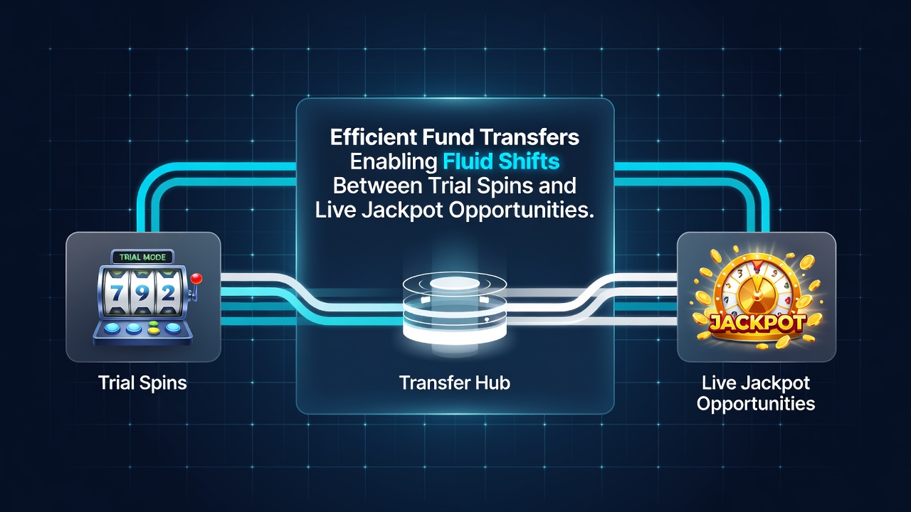 Mobile screen displaying wallet transfer options between practice spins and real jackpot sessions