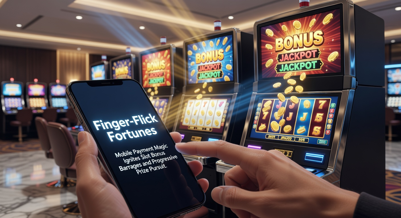 Dynamic slot screen with progressive jackpot meter climbing rapidly, overlaid by mobile payment confirmation notification and exploding bonus symbols