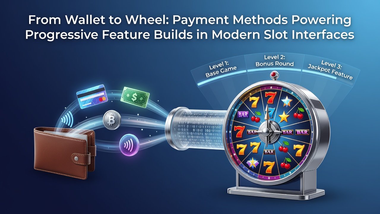 Modern slot interface displaying integrated digital wallet payment options alongside progressive jackpot meters and feature build indicators