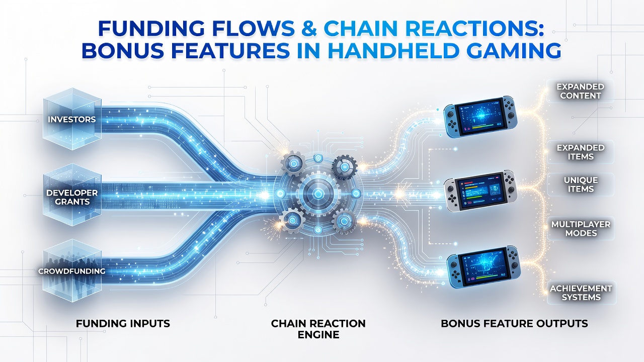Diagram showing deposit confirmation leading to bonus feature progression on handheld devices