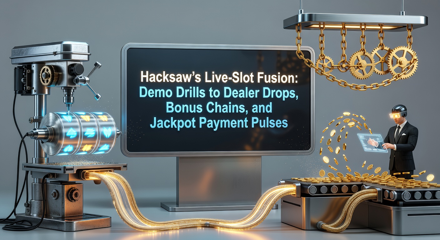 Vibrant screenshot of Hacksaw Gaming's live-slot interface showing demo reels transitioning to live dealer action with bonus chains and jackpot indicators