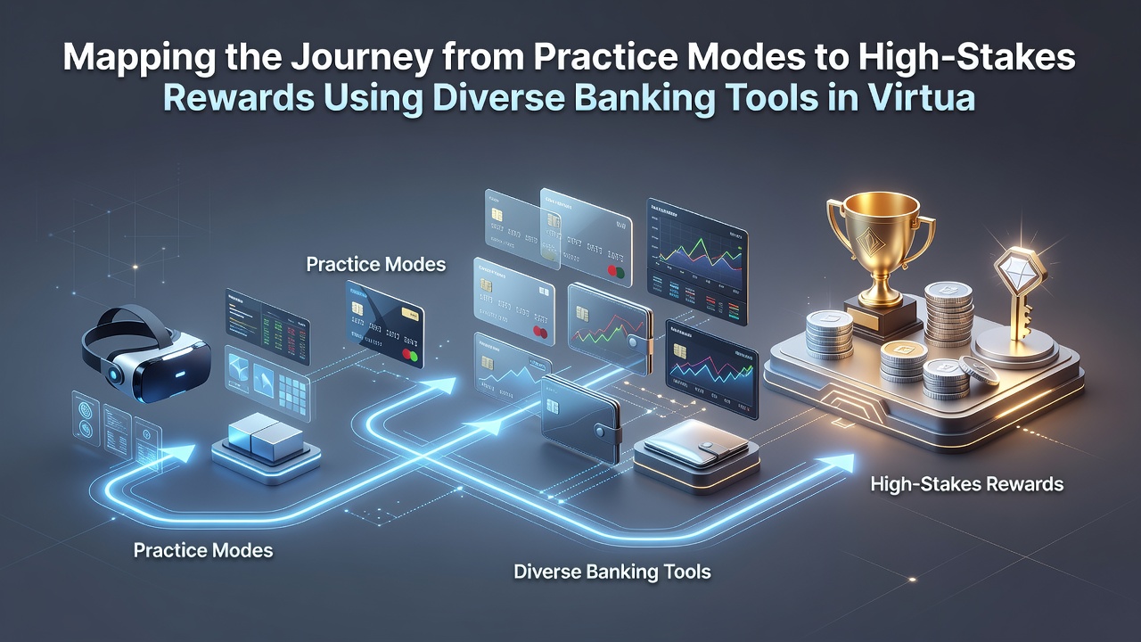 Visual representation of banking tool icons flowing into a virtual casino reward structure with jackpot elements