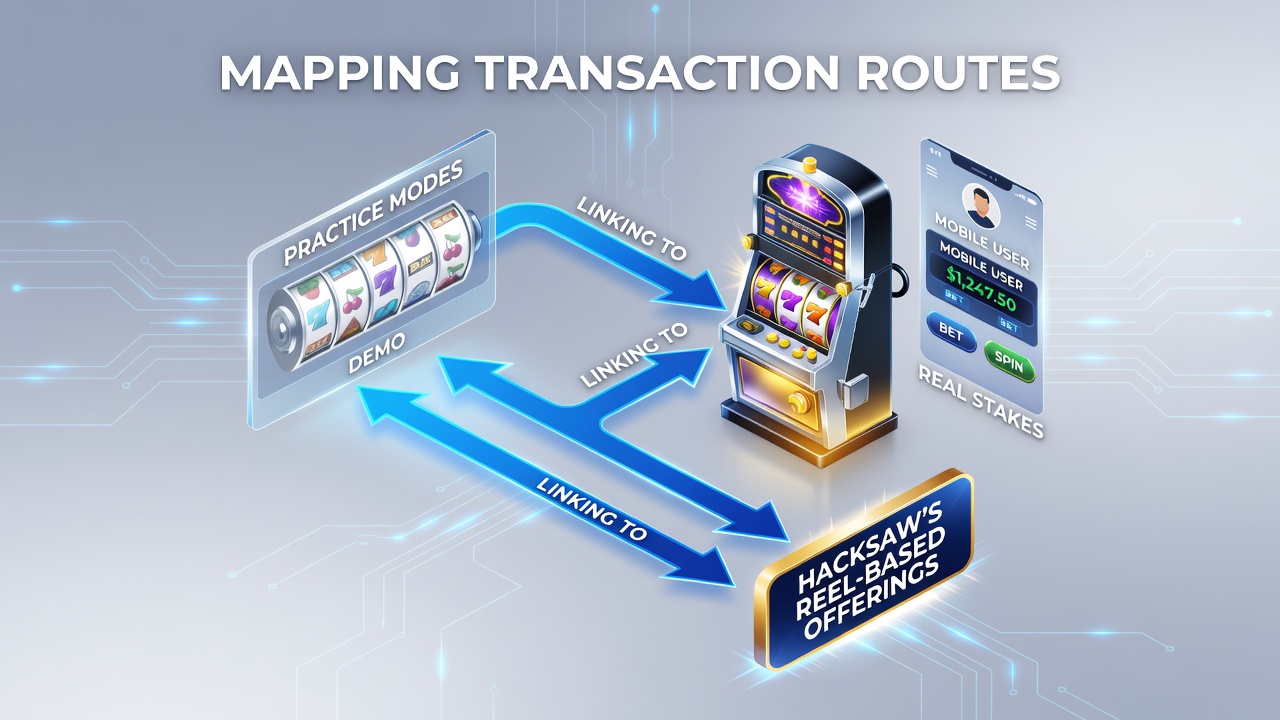 Mobile screen showing Hacksaw Gaming slot interface transitioning from demo mode to real money play with transaction indicators