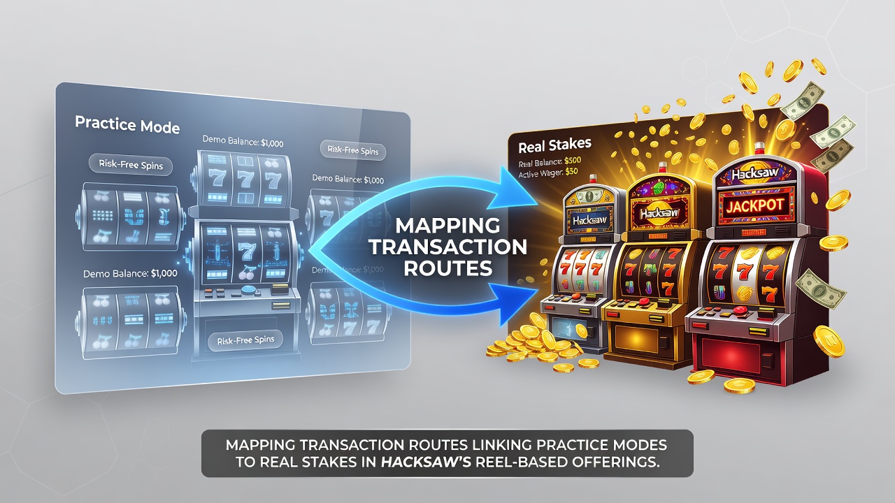 Diagram illustrating secure transaction pathways between demo and real-money modes in Hacksaw mobile slots