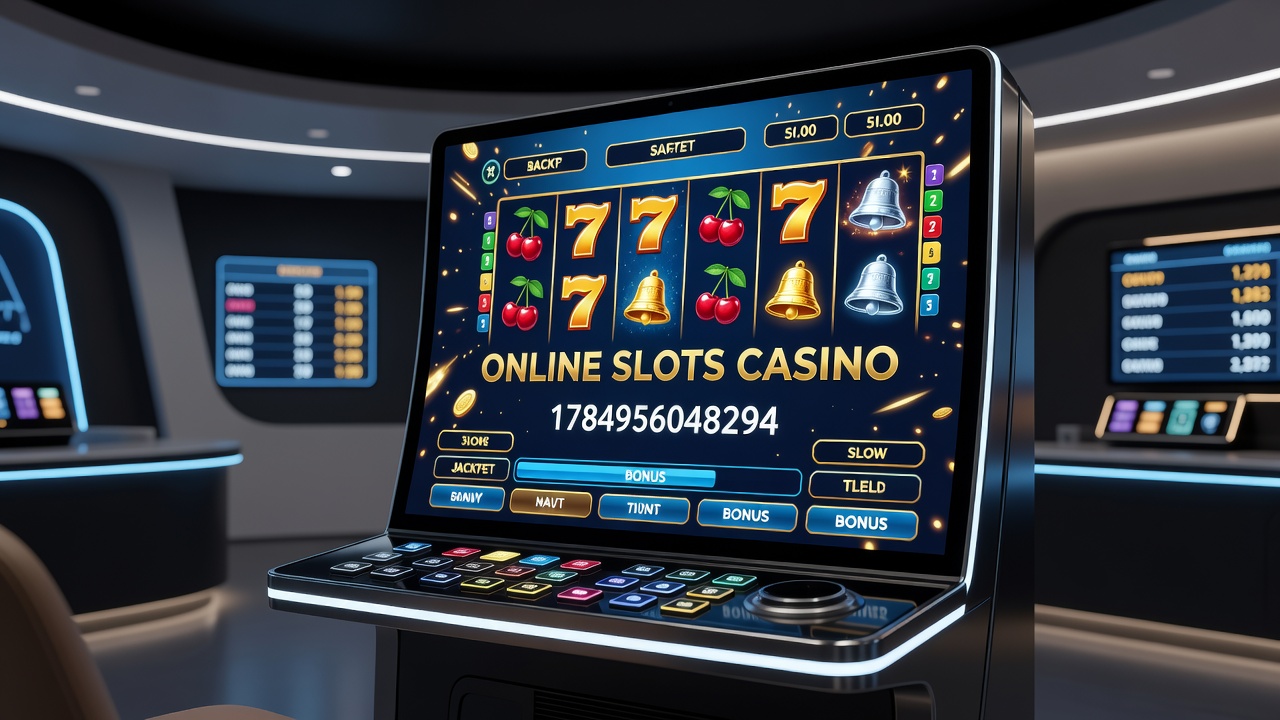 Online slots casino interface showing spinning reels with vibrant graphics and bonus features