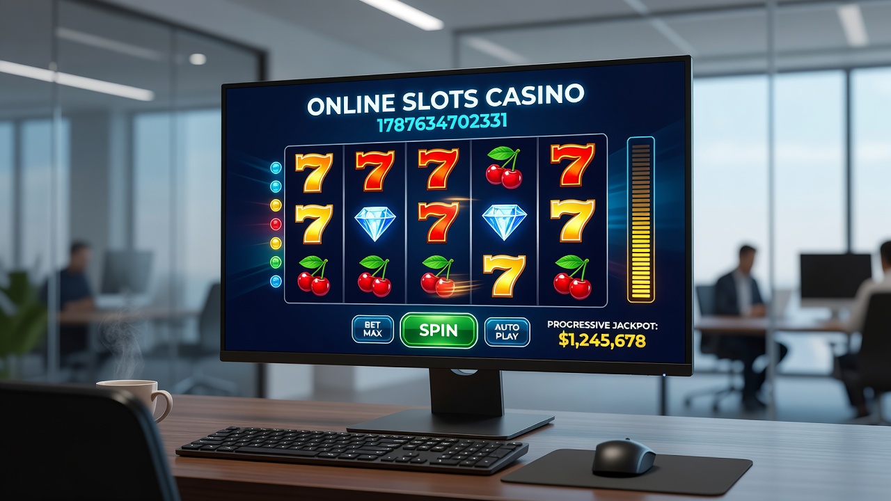 Diverse group of players engaging with online slots on various devices in a modern setting