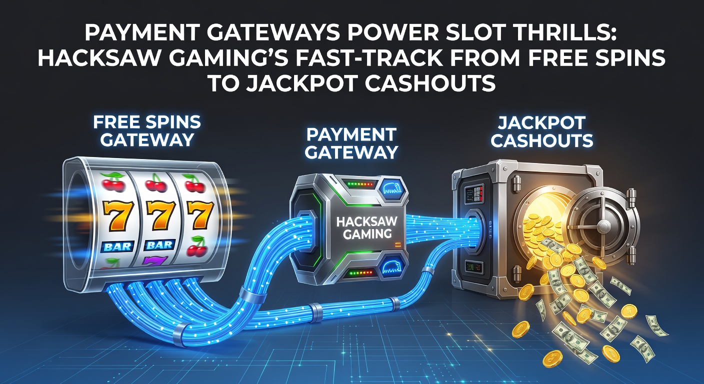 Vibrant slot reels spinning with glowing payment gateway icons overlay, symbolizing fast transitions from free spins to cash wins in Hacksaw Gaming titles