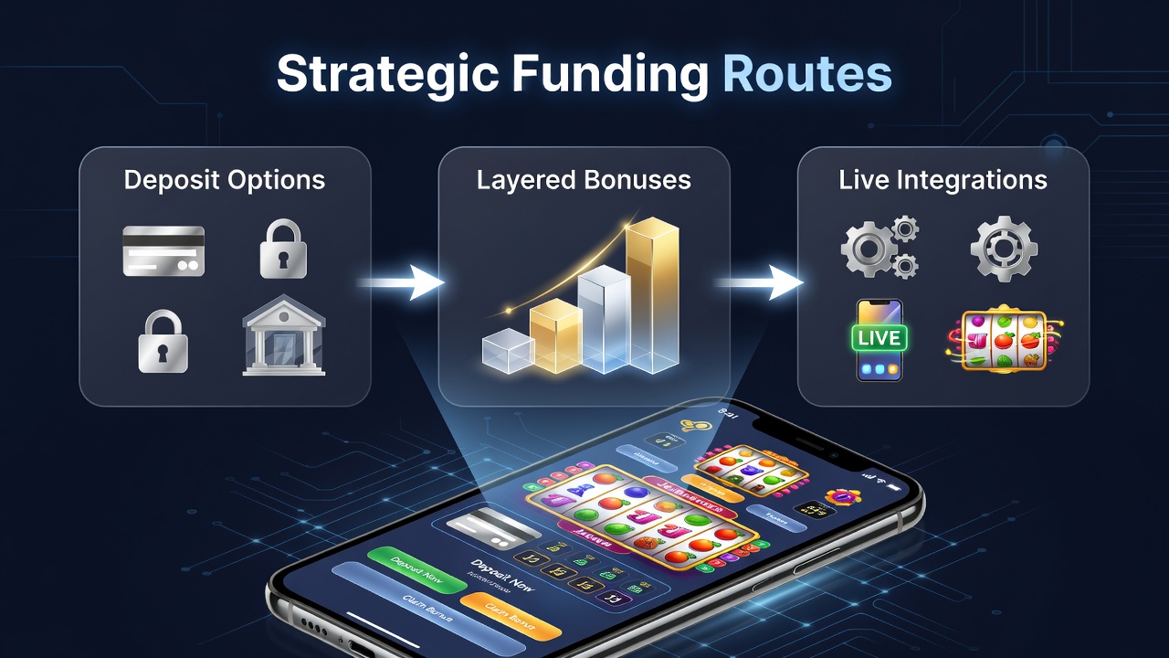 Mobile reel play interface displaying deposit routes linked to bonus layers and live integrations