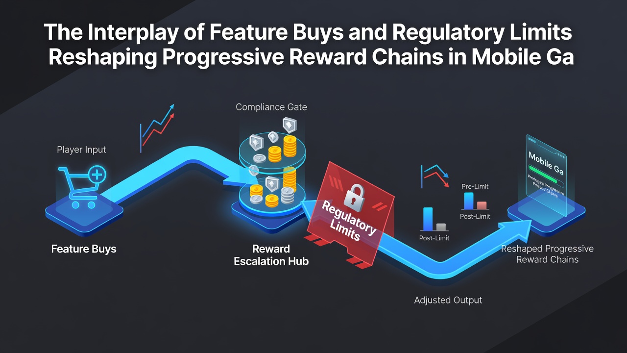Infographic illustrating progressive reward chain adjustments when feature buys are used in mobile slot games