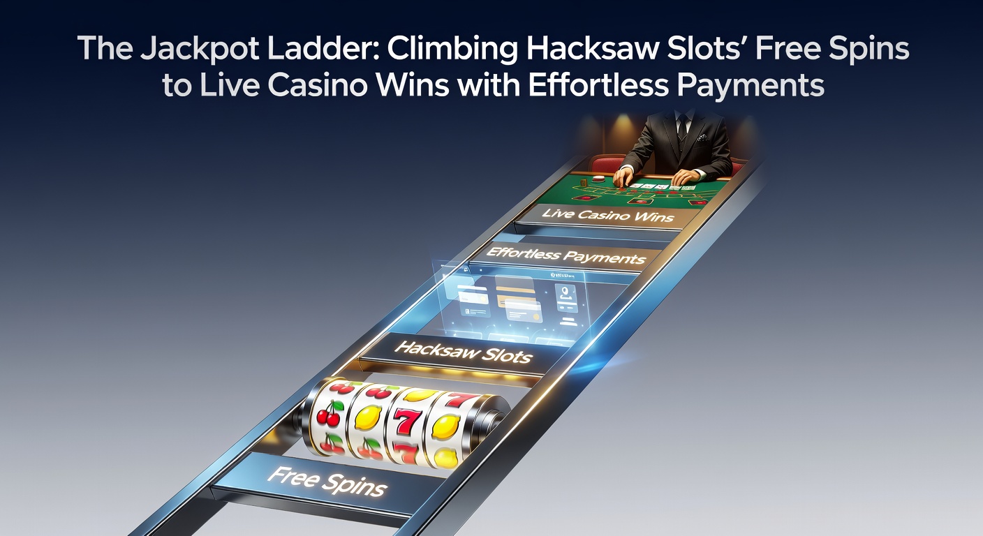 Dynamic graphic of a jackpot ladder ascending from colorful slot free spins through payment icons to live casino tables with dealer cards and roulette wheel