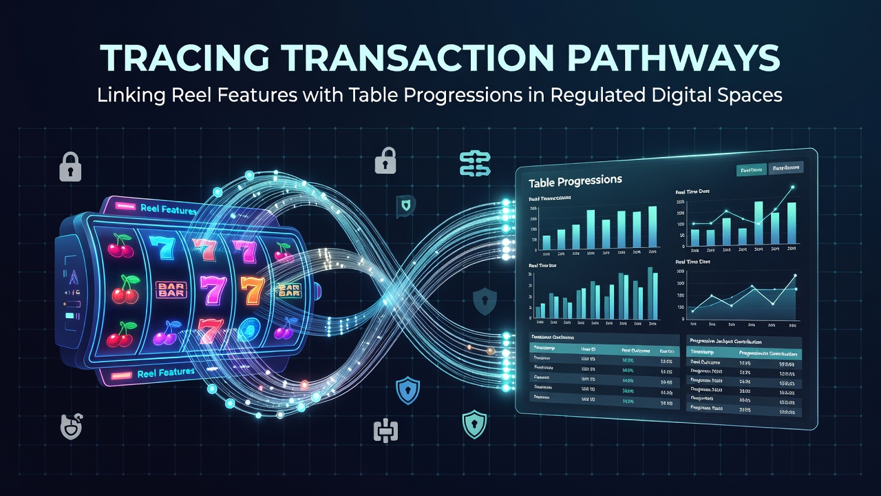 Diagram showing transaction flows between slot reel features and table game progressions in regulated online platforms