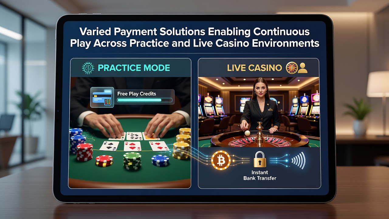 Diagram showing payment flow between practice modes and live casino tables with multiple transaction types